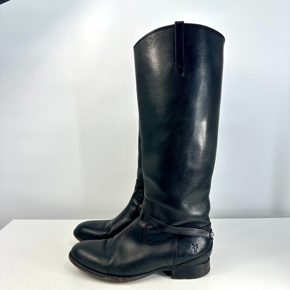 FRYE Lindsay Black Leather Equestrian Tall Belt Boots 7‎
